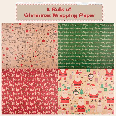 Happypapa Christmas Wrapping Paper, Kraft Xmas Wrapping Paper Rolls - Snowflakes, Reindeer, Gift and Merry Christmas Pattern - 4 Rolls - 17 Inch × 120 Inch Per Roll in Saudi Arabia