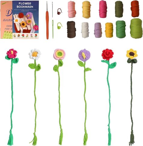 ZiChengXin Crochet Kit for Beginners - 6 Flower Bookmarks Set w/Step-by-Step Video Tutorials, 40% Extra Soft Yarn & Hook - DIY Craft Kit for Adults, Kids, Teens - Gift for Women & Girls in Saudi Arabia