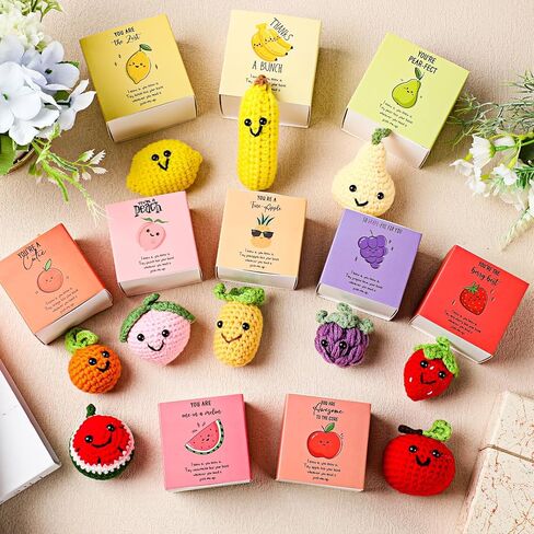10 Sets Christmas Crochet Fruit Gifts Bulk Inspirational Positive Knitted Fruit Toys with Motivational Pun Box Work Stress Relief Appreciation Gifts for Team Employee Coworkers Teacher Office Favors in Saudi Arabia