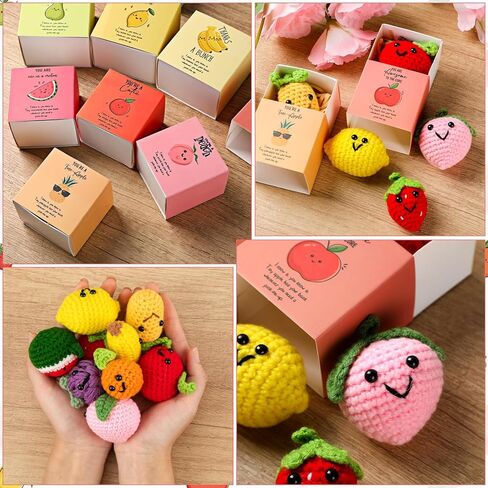 10 Sets Christmas Crochet Fruit Gifts Bulk Inspirational Positive Knitted Fruit Toys with Motivational Pun Box Work Stress Relief Appreciation Gifts for Team Employee Coworkers Teacher Office Favors in Saudi Arabia