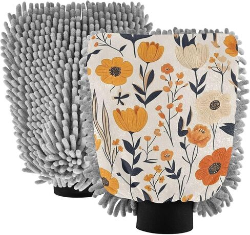 AIXIWAWA Boho Florals Print Car Wash Mitt قفاز غسيل مقاوم للخدش وماص للماء، عبوة من قطعتين متوسطة الحجم in Kuwait