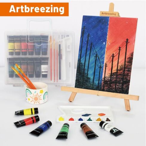 مجموعة طلاء حامل الطاولة من 31 قطعة من Artbreezing، طلاء أكريليك، حامل محمول، فرش، قماش، مريلة، حقيبة حمل بلاستيكية، مجموعة فنية للأطفال والكبار والمبتدئين والفنانين (SET-31PCS-18 * 12ML) in Saudi Arabia