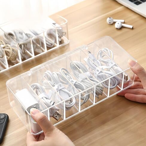 Clear Cable Organizer Storage Box with 7 Compartments，Plastic Cable Management Box Cord Organizer for Desk Home Office in Saudi Arabia