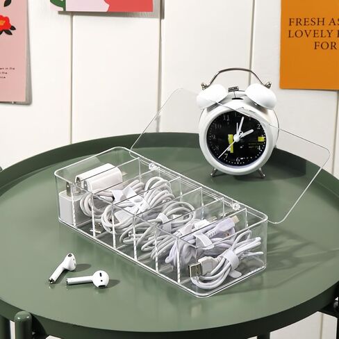 Clear Cable Organizer Storage Box with 7 Compartments，Plastic Cable Management Box Cord Organizer for Desk Home Office in Saudi Arabia