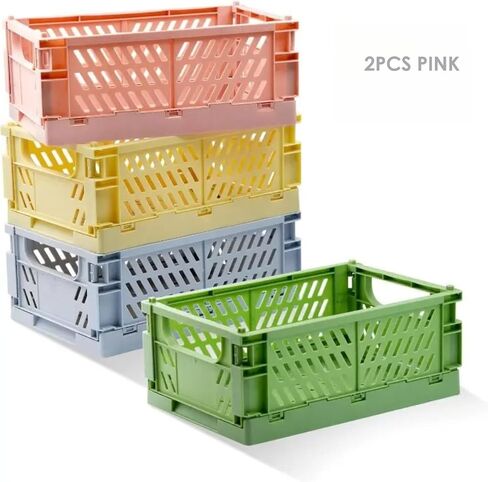 2 Packs Folding Pastel Crates For Storage, Plastic Folding Baskets, S Size, Cute Colorful Organizing Crates - PINK in Saudi Arabia