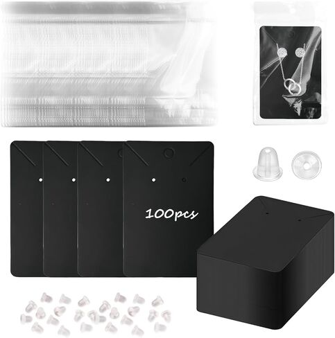 100 Pcs Earring Display Cards with 100Pcs Self Adhesive Bags for Earrings Jewelry Display and 200 Pcs Clear Earring Backs Black Paper Tags for DIY Ear Studs and Earrings, 3.5 x 2.4 Inches in Saudi Arabia