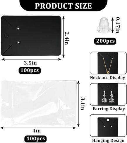 100 Pcs Earring Display Cards with 100Pcs Self Adhesive Bags for Earrings Jewelry Display and 200 Pcs Clear Earring Backs Black Paper Tags for DIY Ear Studs and Earrings, 3.5 x 2.4 Inches in Saudi Arabia