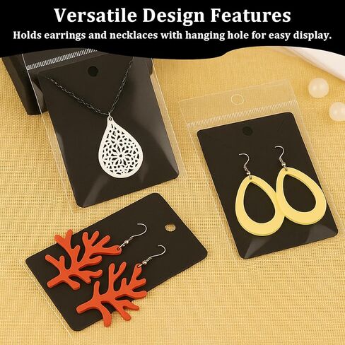 100 Pcs Earring Display Cards with 100Pcs Self Adhesive Bags for Earrings Jewelry Display and 200 Pcs Clear Earring Backs Black Paper Tags for DIY Ear Studs and Earrings, 3.5 x 2.4 Inches in Saudi Arabia