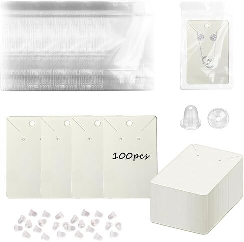 100 Pcs Earring Display Cards with 100Pcs Self Adhesive Bags for Earrings Jewelry Display and 200 Pcs Clear Earring Backs Black Paper Tags for DIY Ear Studs and Earrings, 3.5 x 2.4 Inches in Saudi Arabia