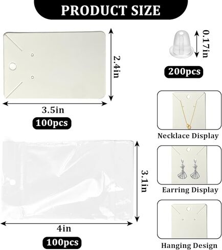 100 Pcs Earring Display Cards with 100Pcs Self Adhesive Bags for Earrings Jewelry Display and 200 Pcs Clear Earring Backs Black Paper Tags for DIY Ear Studs and Earrings, 3.5 x 2.4 Inches in Saudi Arabia