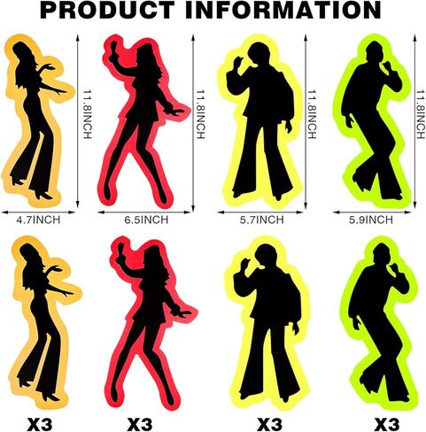 12 Pieces Disco Cutouts Disco Party Decorations Retro 70s Silhouettes Dance Cutouts Wall Stickers for Halloween 70s 80s Theme Party Boogie Hippie Sock Hop Birthday Supplies in Saudi Arabia