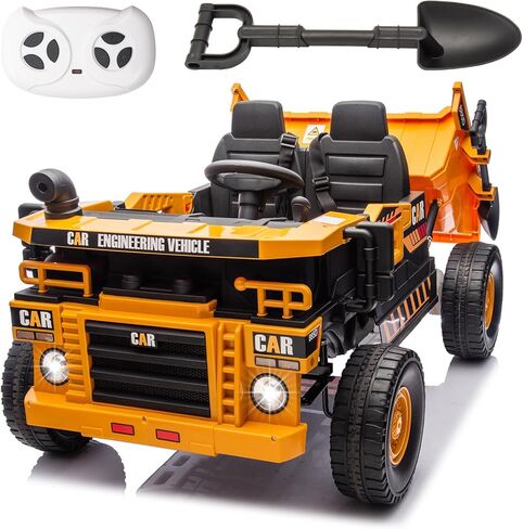 24V 4WD 2-Seater XL Kids Ride on Truck لعبة سيارة كهربائية مع سرير تفريغ كهربائي، الآباء والأمهات التحكم عن بعد للأطفال سيارة جرار لعب ركوب على شاحنة قلابة للبنين والبنات الذين تتراوح أعمارهم بين 3 فما فوق، أصفر in Kuwait