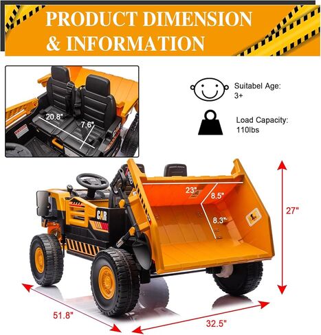 24V 4WD 2-Seater XL Kids Ride on Truck لعبة سيارة كهربائية مع سرير تفريغ كهربائي، الآباء والأمهات التحكم عن بعد للأطفال سيارة جرار لعب ركوب على شاحنة قلابة للبنين والبنات الذين تتراوح أعمارهم بين 3 فما فوق، أصفر in Kuwait