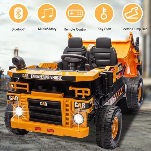 24V 4WD 2-Seater XL Kids Ride on Truck لعبة سيارة كهربائية مع سرير تفريغ كهربائي، الآباء والأمهات التحكم عن بعد للأطفال سيارة جرار لعب ركوب على شاحنة قلابة للبنين والبنات الذين تتراوح أعمارهم بين 3 فما فوق، أصفر in Kuwait