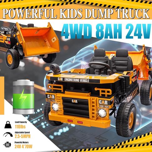 24V 4WD 2-Seater XL Kids Ride on Truck لعبة سيارة كهربائية مع سرير تفريغ كهربائي، الآباء والأمهات التحكم عن بعد للأطفال سيارة جرار لعب ركوب على شاحنة قلابة للبنين والبنات الذين تتراوح أعمارهم بين 3 فما فوق، أصفر in Kuwait