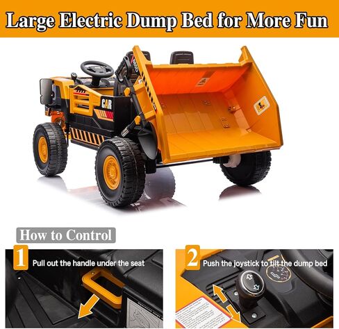 24V 4WD 2-Seater XL Kids Ride on Truck لعبة سيارة كهربائية مع سرير تفريغ كهربائي، الآباء والأمهات التحكم عن بعد للأطفال سيارة جرار لعب ركوب على شاحنة قلابة للبنين والبنات الذين تتراوح أعمارهم بين 3 فما فوق، أصفر in Kuwait