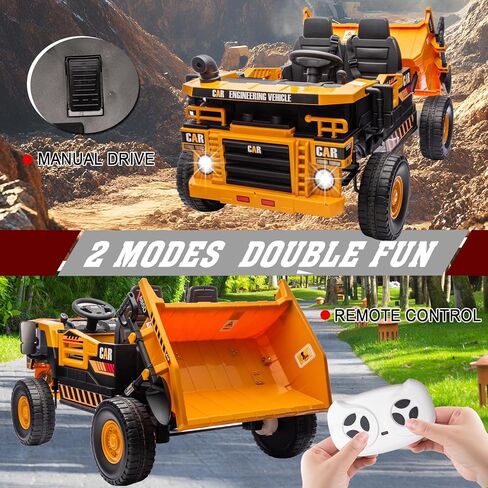 24V 4WD 2-Seater XL Kids Ride on Truck لعبة سيارة كهربائية مع سرير تفريغ كهربائي، الآباء والأمهات التحكم عن بعد للأطفال سيارة جرار لعب ركوب على شاحنة قلابة للبنين والبنات الذين تتراوح أعمارهم بين 3 فما فوق، أصفر in Kuwait