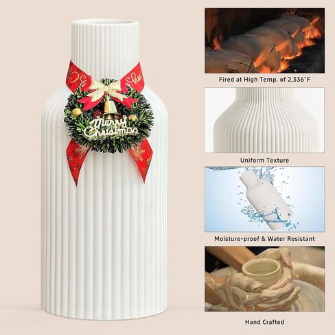 White Ceramic Vase for Pampas Grass & Fresh Flowers, Minimalist Modern Home Decor, Matte Finish Vase for Table, Fireplace, Shelf, Mantel, Entryway and Centerpieces in Kuwait