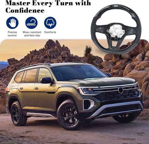 Real Carbon Fiber Steering Wheel D-shaped with Red stitching Perforated Leather Steering Wheel for Transporter for Caddy for Passat for Polo mk6 for Atlas 2020-2024 in Saudi Arabia