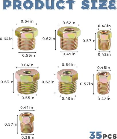 35PCS Brake Line Fittings,Car Accessories Rustproof Brass Inverted Flare Nuts Assortment,Brake Line Fitting Kit for Inverted Flares on 3/16" and 1/4" Tubing,Fit for Most Cars Trucks SUVs in Saudi Arabia