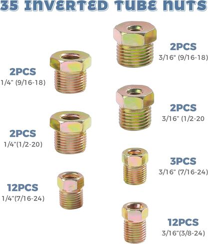 35PCS Brake Line Fittings,Car Accessories Rustproof Brass Inverted Flare Nuts Assortment,Brake Line Fitting Kit for Inverted Flares on 3/16" and 1/4" Tubing,Fit for Most Cars Trucks SUVs in Saudi Arabia