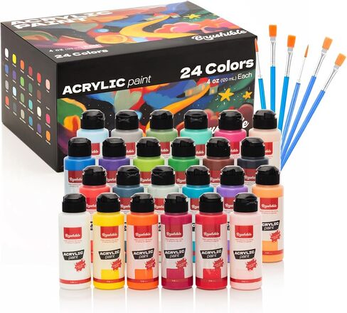 24 Colors Acrylic Paint Set, Acrylic Paint Set with 6 Brushes, 4oz/120ml Bottles, Paint for Artists, Beginners and Kids on Canvas Rocks Wood Ceramic Fabric in Saudi Arabia
