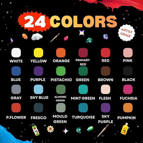 24 Colors Acrylic Paint Set, Acrylic Paint Set with 6 Brushes, 4oz/120ml Bottles, Paint for Artists, Beginners and Kids on Canvas Rocks Wood Ceramic Fabric in Saudi Arabia
