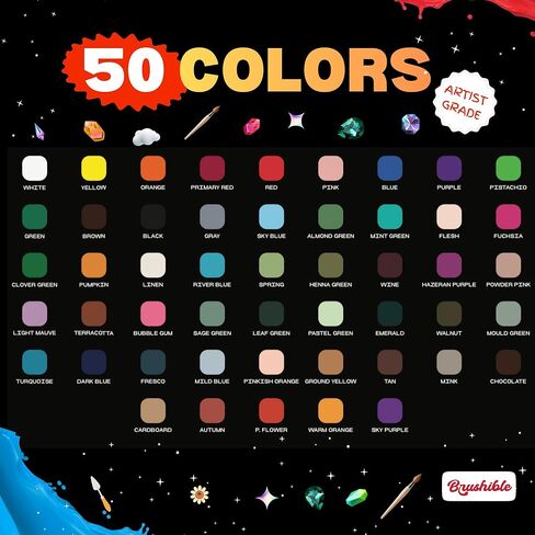 مجموعة طلاء أكريليك 50 لونًا، مجموعة طلاء أكريليك مع 6 فرش، وزجاجات 2 أونصة/60 مل، طلاء للفنانين والمبتدئين والأطفال على القماش والصخور والخشب والسيراميك in Saudi Arabia