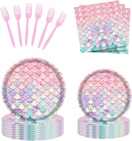 96 Pcs Mermaid Birthday Party Decorations Plates Set for 24 Guests,Little Mermaid Party Supplies Ocean under the Sea Tableware Plate, Fork, Napkins for Princess Girls Baby Shower in Saudi Arabia