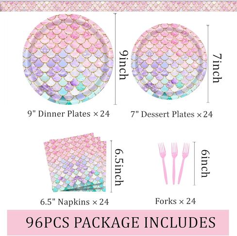 96 Pcs Mermaid Birthday Party Decorations Plates Set for 24 Guests,Little Mermaid Party Supplies Ocean under the Sea Tableware Plate, Fork, Napkins for Princess Girls Baby Shower in Saudi Arabia