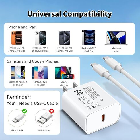USB C Wall Charger Block 20W,PD Fast Charging Type C Charger Block with USB C & USB A Dual Ports,Fast Charging Blocks Plug,Compatible with iPhone 14/15/16/17 Pro Max,Samsung Galaxy,iPad Pro in Saudi Arabia