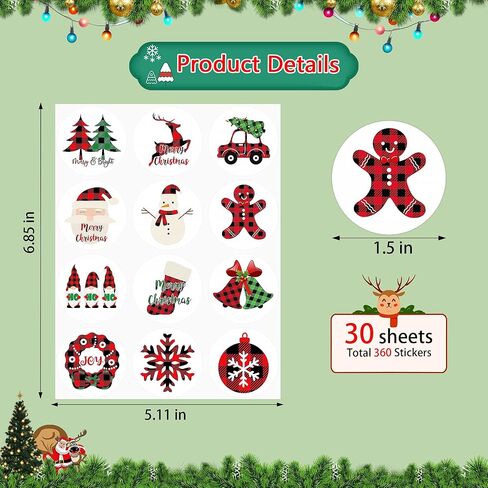 lucleag 360pcs ملصقات عيد الميلاد للأطفال، متنوعة عيد الميلاد الجاموس ملصقات منقوشة لبطاقات مغلفات الحلوى جودي، جولة عيد الميلاد مغلف الأختام ملصق هدية التفاف الديكور in Saudi Arabia