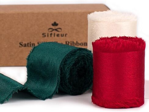 Christmas Ribbon, Red Green Ivory White Silk Satin Ribbon, 1-1/2 inch x 15 Yd Handmade Frayed Fringe Fabric Ribbon for Wrapping Xmas Tree Decor Crafts Bouquets Birthday Holiday Decor, 3 Rolls in Saudi Arabia
