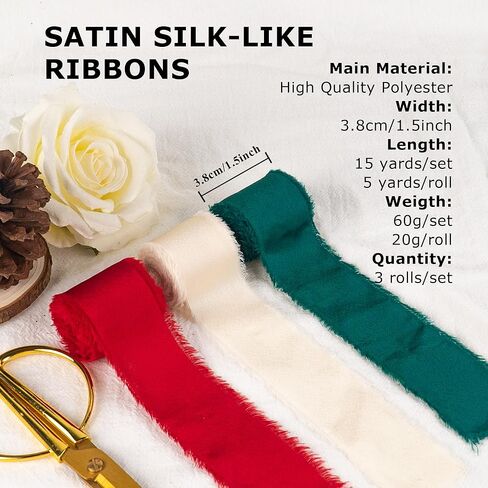 Christmas Ribbon, Red Green Ivory White Silk Satin Ribbon, 1-1/2 inch x 15 Yd Handmade Frayed Fringe Fabric Ribbon for Wrapping Xmas Tree Decor Crafts Bouquets Birthday Holiday Decor, 3 Rolls in Saudi Arabia