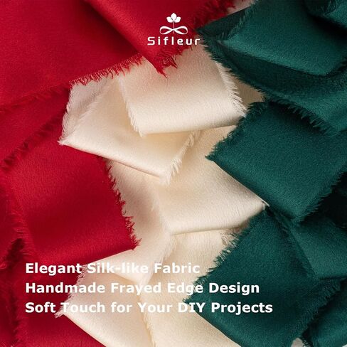 Christmas Ribbon, Red Green Ivory White Silk Satin Ribbon, 1-1/2 inch x 15 Yd Handmade Frayed Fringe Fabric Ribbon for Wrapping Xmas Tree Decor Crafts Bouquets Birthday Holiday Decor, 3 Rolls in Saudi Arabia