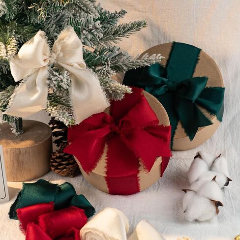 Christmas Ribbon, Red Green Ivory White Silk Satin Ribbon, 1-1/2 inch x 15 Yd Handmade Frayed Fringe Fabric Ribbon for Wrapping Xmas Tree Decor Crafts Bouquets Birthday Holiday Decor, 3 Rolls in Saudi Arabia