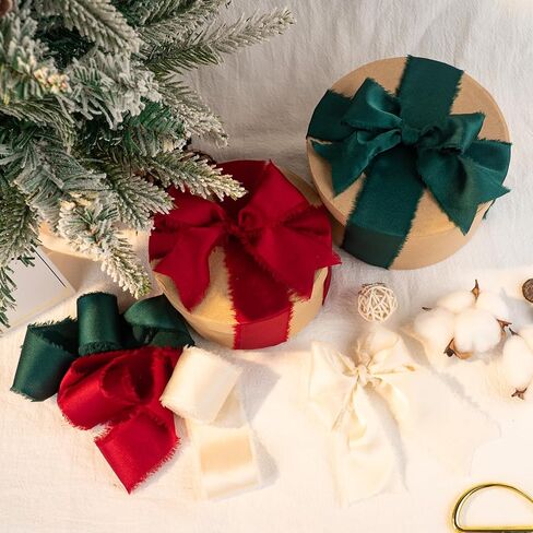 Christmas Ribbon, Red Green Ivory White Silk Satin Ribbon, 1-1/2 inch x 15 Yd Handmade Frayed Fringe Fabric Ribbon for Wrapping Xmas Tree Decor Crafts Bouquets Birthday Holiday Decor, 3 Rolls in Saudi Arabia
