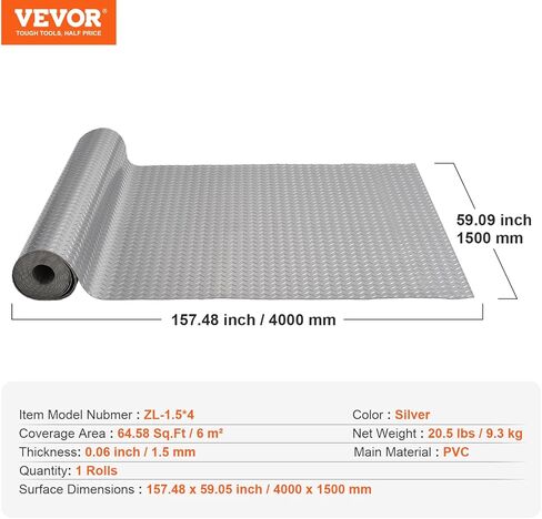 VEVOR Floor Mat, 13 x 4.9 FT PVC Flooring Roll, Non-Slip Diamond Texture, 64.58 sq.ft Covering Space, Garage Mats for Under Cars, Gyms, Boats, Car Trailer, Silver in Kuwait