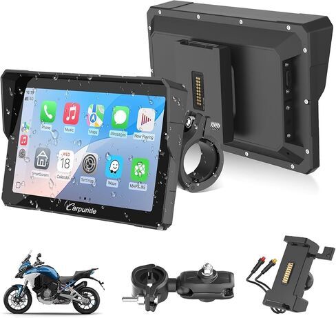 2025 Carpuride W502S Motorcycle GPS Wireless Carplay/Android Auto، شاشة لمس دراجة نارية مقاومة للماء مقاس 5 بوصات، مع حامل BM05، بلوتوث Trans، وحدة تحكم سلكية، ملاحة in Kuwait