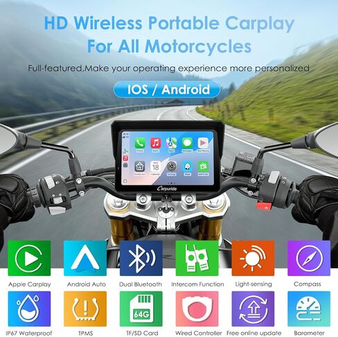 2025 Carpuride W502S Motorcycle GPS Wireless Carplay/Android Auto، شاشة لمس دراجة نارية مقاومة للماء مقاس 5 بوصات، مع حامل BM05، بلوتوث Trans، وحدة تحكم سلكية، ملاحة in Kuwait