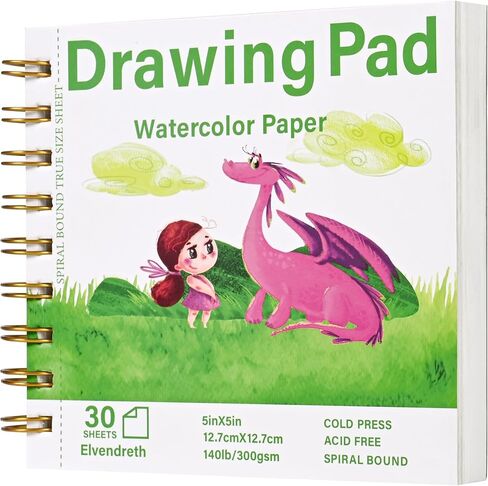 Elvendreth Water Color Paper Pad 5x5 Inch 30 Sheets Cold Press Paper (140lb/300gsm), Spiral Bound/Tear Line Watercolor Sketchbook for Smaller - Sized Exercises or Travel for Art Drawing Supplie in Saudi Arabia