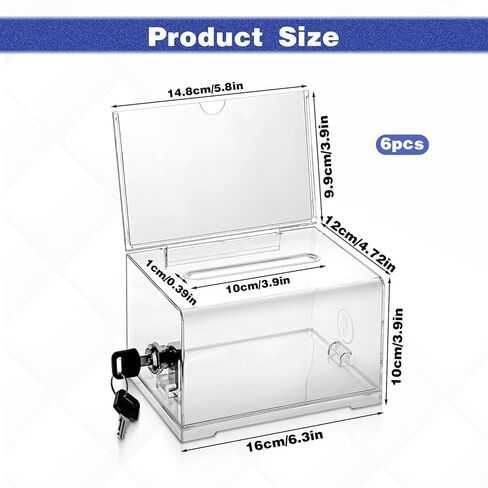 6 قطع من صندوق التبرعات من الأكريليك مع قفل وحامل لافتة، صندوق تذكرة يانصيب، طرف سحب، صناديق اقتراع آمنة، صناديق اقتراحات لجمع التبرعات للتصويت، وعاء رافلز - 6.3 × 4.7 × 3.9 بوصة in Kuwait