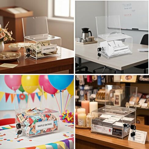 6 قطع من صندوق التبرعات من الأكريليك مع قفل وحامل لافتة، صندوق تذكرة يانصيب، طرف سحب، صناديق اقتراع آمنة، صناديق اقتراحات لجمع التبرعات للتصويت، وعاء رافلز - 6.3 × 4.7 × 3.9 بوصة in Kuwait