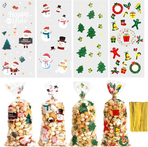 أكياس حلوى السيلوفان لعيد الميلاد من VToALARD 100 قطعة من أكياس حلوى عيد الميلاد لعيد الميلاد وأكياس هدايا بلاستيكية شفافة وأكياس حلوى البسكويت مع أربطة ملتوية لمستلزمات حفلات عيد الميلاد، مقاس 5 × 11 بوصة in Kuwait