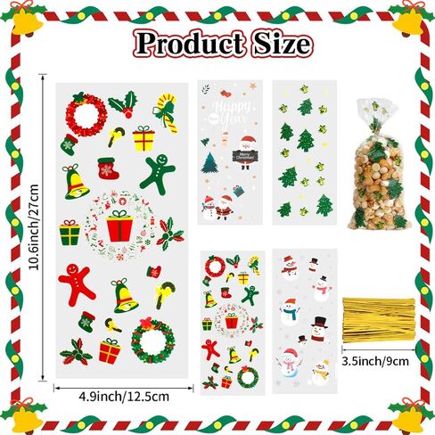 أكياس حلوى السيلوفان لعيد الميلاد من VToALARD 100 قطعة من أكياس حلوى عيد الميلاد لعيد الميلاد وأكياس هدايا بلاستيكية شفافة وأكياس حلوى البسكويت مع أربطة ملتوية لمستلزمات حفلات عيد الميلاد، مقاس 5 × 11 بوصة in Kuwait