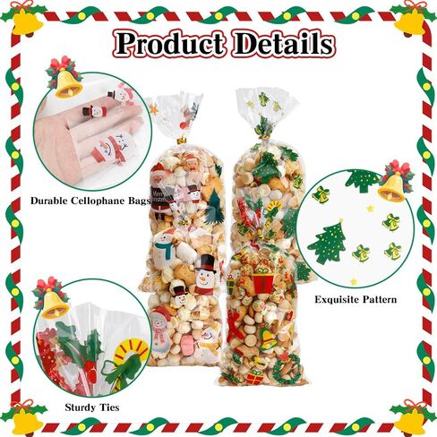أكياس حلوى السيلوفان لعيد الميلاد من VToALARD 100 قطعة من أكياس حلوى عيد الميلاد لعيد الميلاد وأكياس هدايا بلاستيكية شفافة وأكياس حلوى البسكويت مع أربطة ملتوية لمستلزمات حفلات عيد الميلاد، مقاس 5 × 11 بوصة in Kuwait