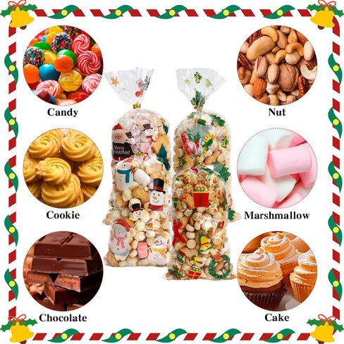 أكياس حلوى السيلوفان لعيد الميلاد من VToALARD 100 قطعة من أكياس حلوى عيد الميلاد لعيد الميلاد وأكياس هدايا بلاستيكية شفافة وأكياس حلوى البسكويت مع أربطة ملتوية لمستلزمات حفلات عيد الميلاد، مقاس 5 × 11 بوصة in Kuwait