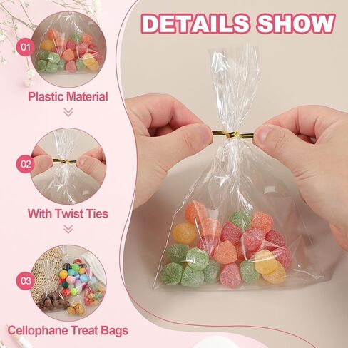 PATIKIL Treat Bags, 100 Pcs 9x6 Inch Clear Gift Bags with Twist Ties Plastic Gift for Candy Party Favor Cookies Candies Packaging Bakery, Clear in Saudi Arabia