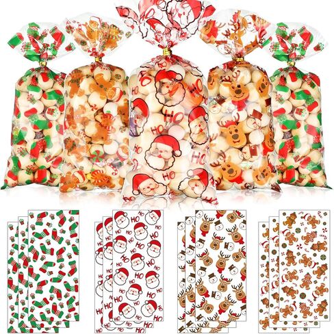 Blulu 120 Pieces Christmas Cellophane Treat Bags - Holiday Santa Socks Elf Candy Bags With 200 Gold and Silver Twist Ties for Xmas Present Decor (4 Patterns) in Saudi Arabia