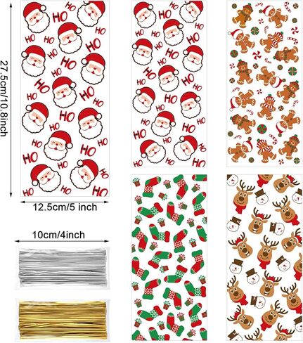 Blulu 120 Pieces Christmas Cellophane Treat Bags - Holiday Santa Socks Elf Candy Bags With 200 Gold and Silver Twist Ties for Xmas Present Decor (4 Patterns) in Saudi Arabia